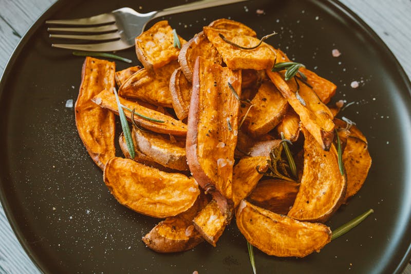 Roasted sweet potato cubes as a grain bowl topping side
